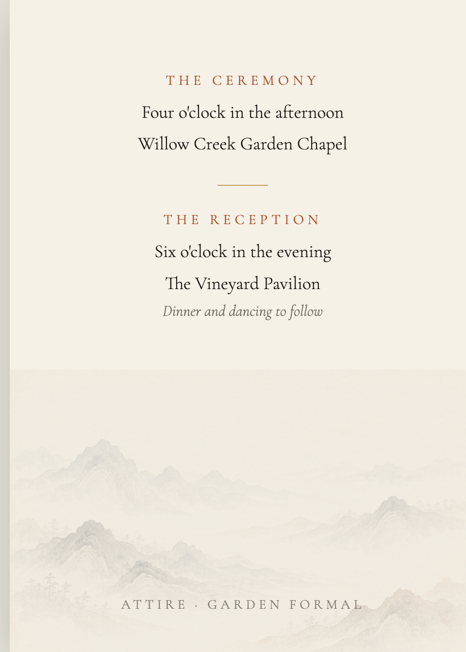 Invitation back — ceremony, reception, attire details over misty mountains
